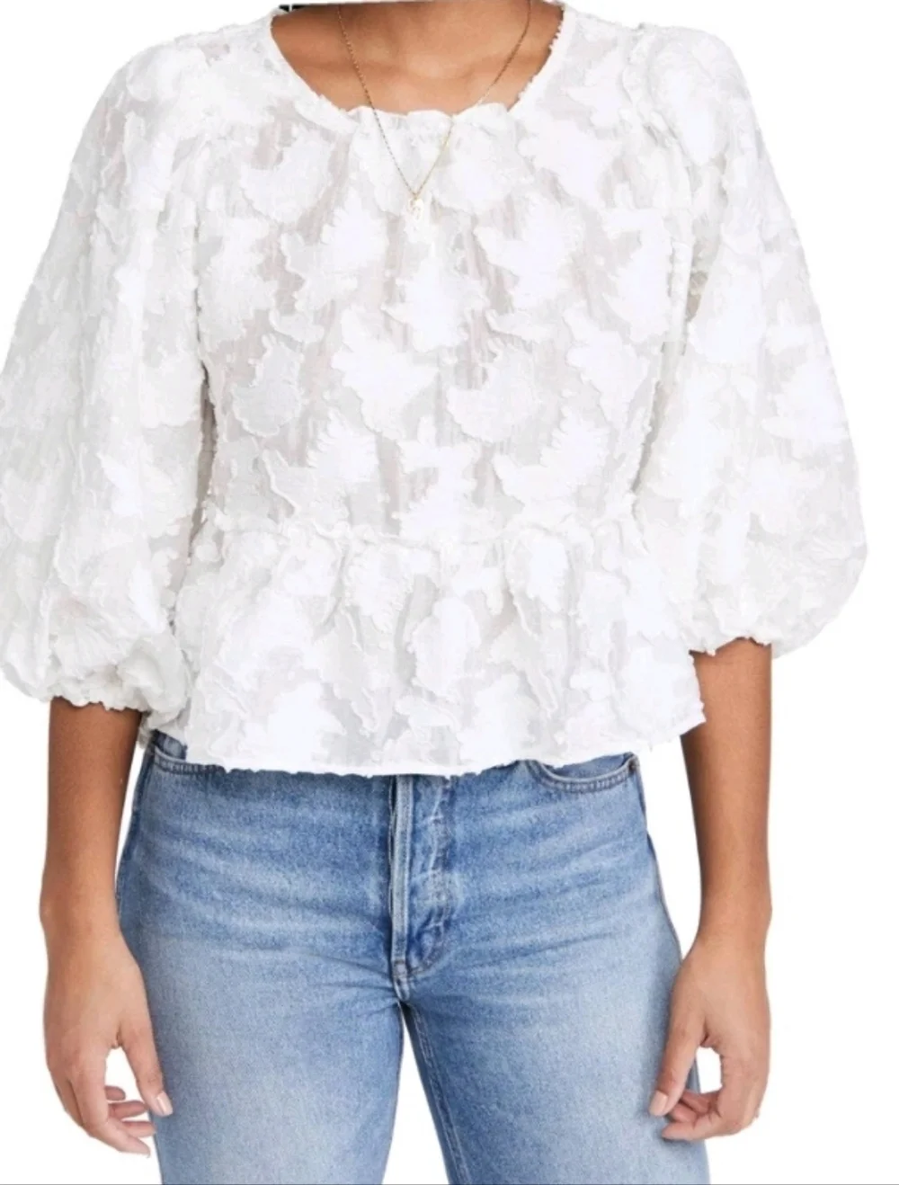 Free People Callie White Puff Sleeve Appliqué Blouse With Open Back. Sz Large
